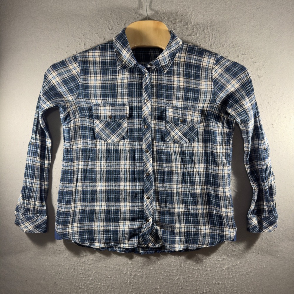 3223 | KUT from the Kloth Plaid Cotton Snap Front Western Shirt Blue Women M